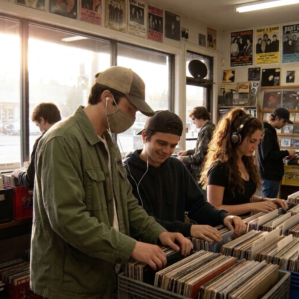 Amigos escolhendo discos de vinil numa loja de discos