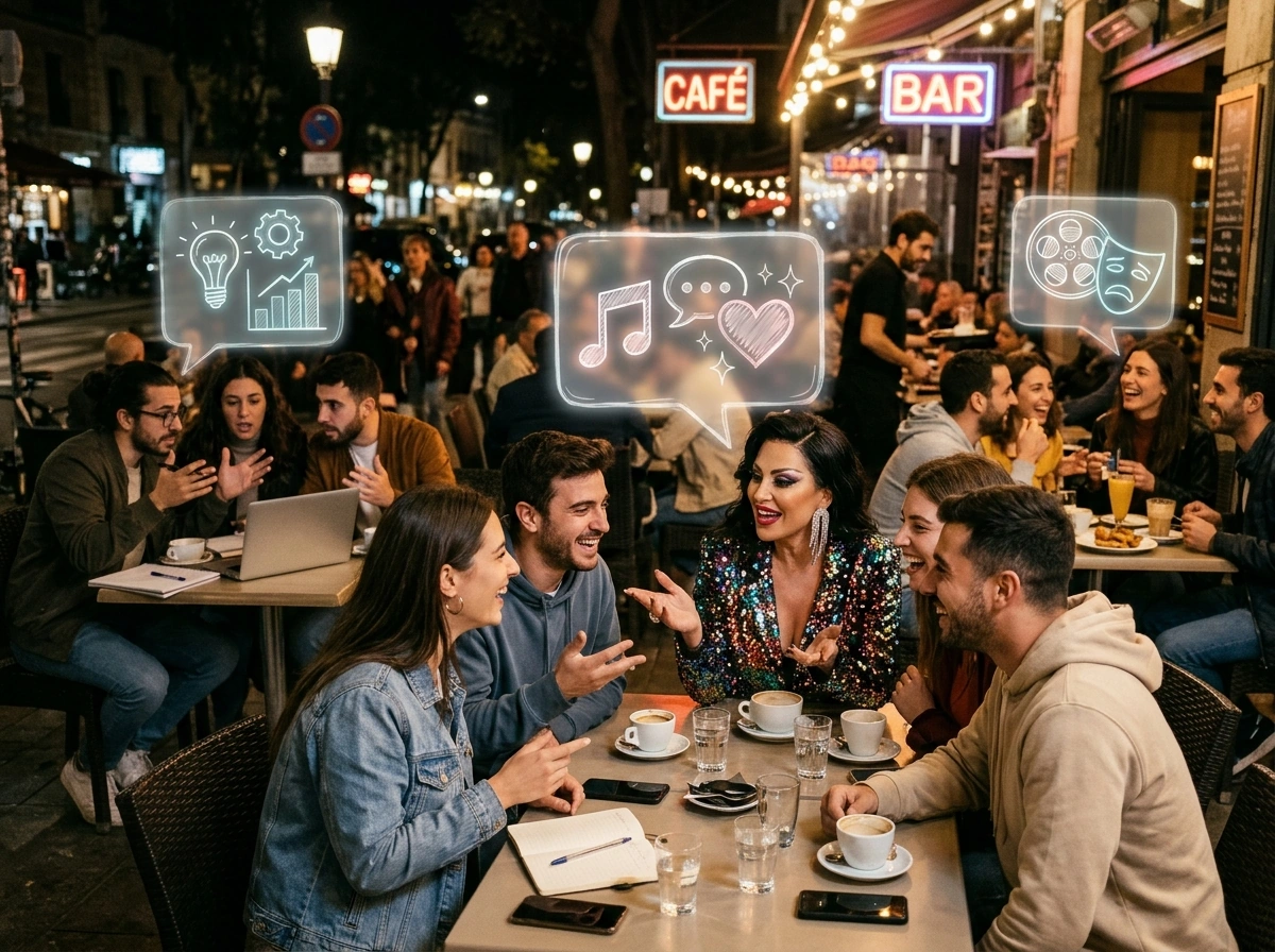 Galera conversando animada em volta de uma mesa de café à noite