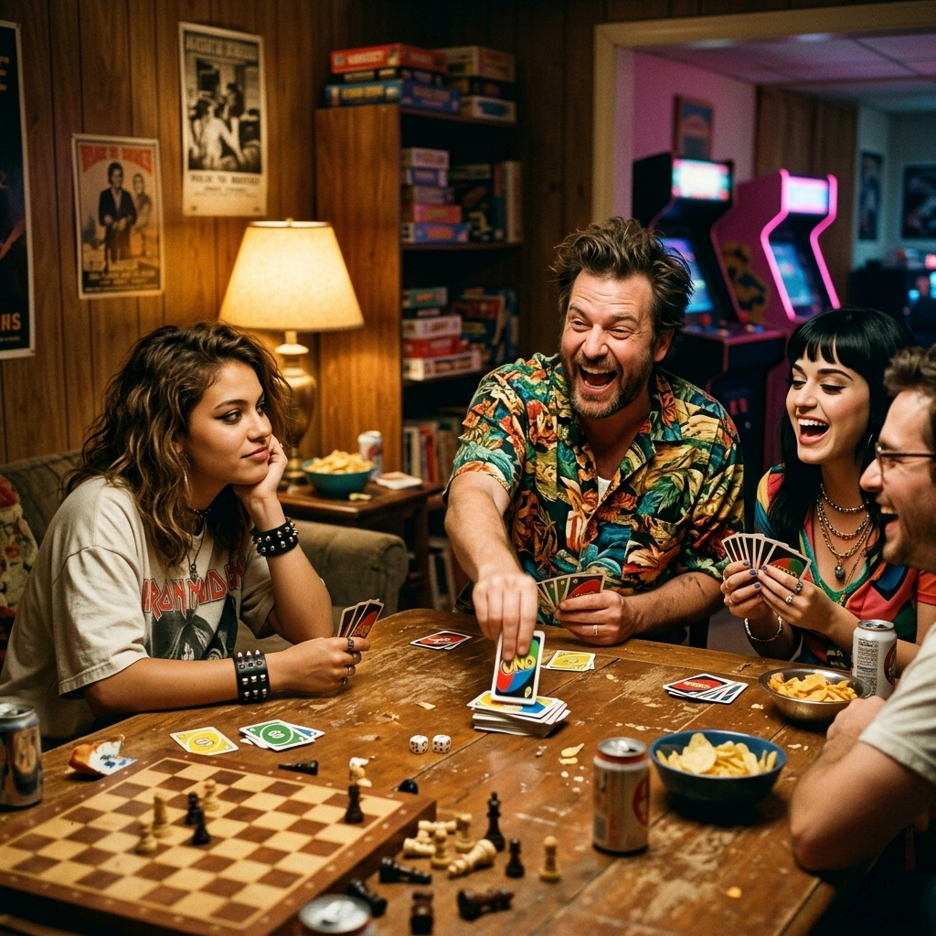 Amigos rindo numa noite de jogos, com cartas, xadrez e fliperamas ao fundo