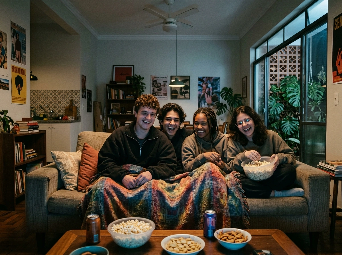 Amigos dividindo uma manta e pipoca no sofá durante uma sessão de cinema em casa