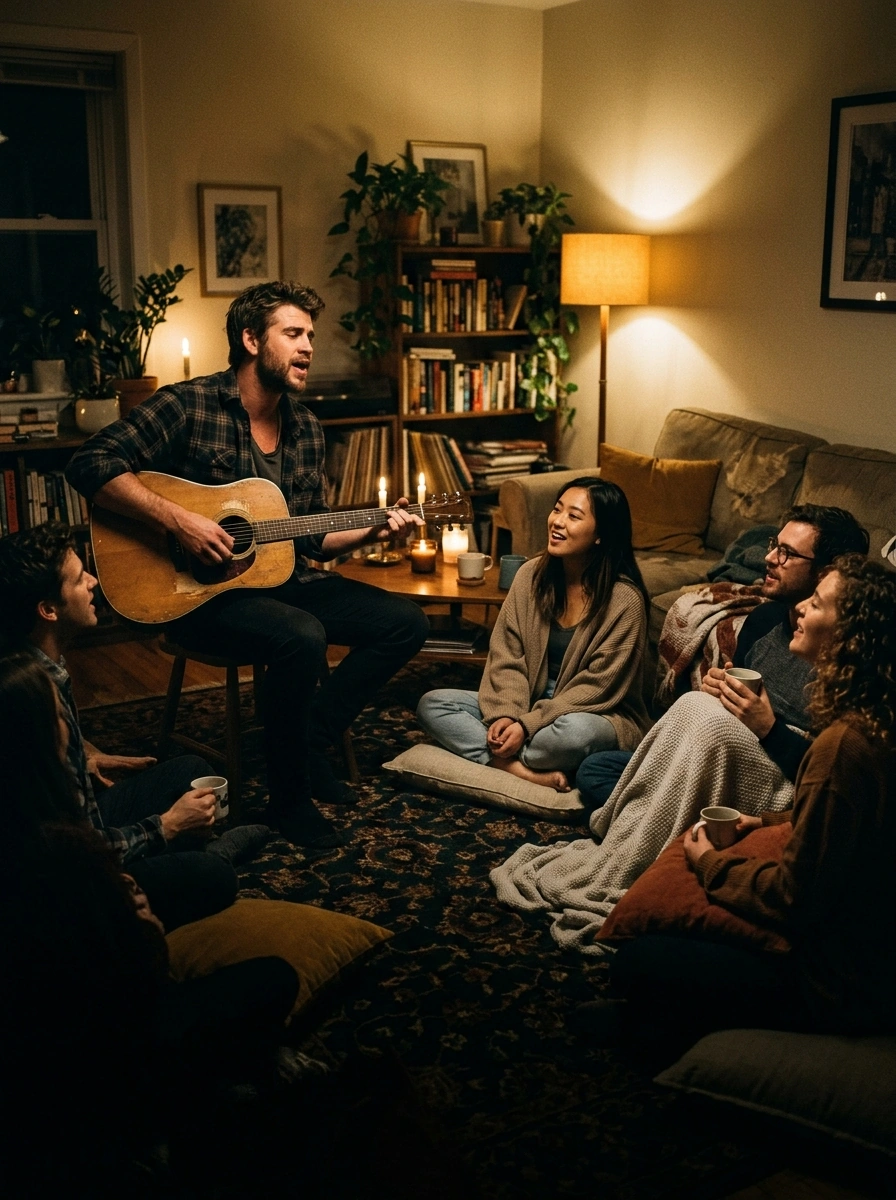 Rapaz tocando violão para os amigos sentados no chão de uma sala aconchegante