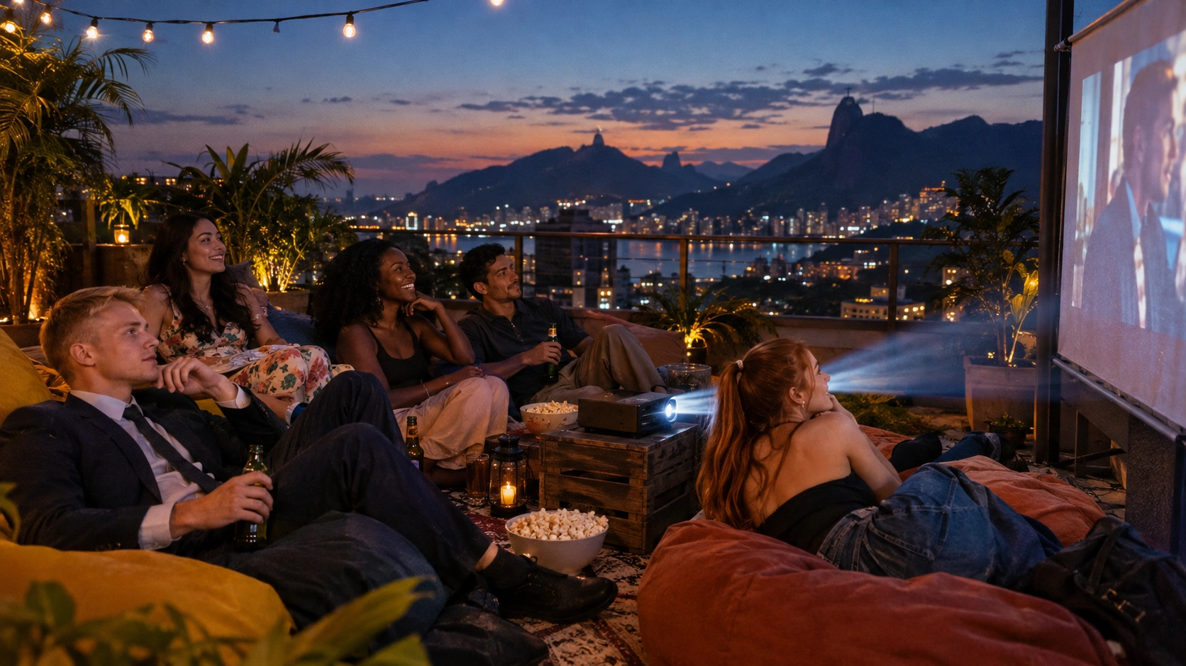 Amigos em pufes num terraço ao anoitecer, assistindo a um filme no telão, com o Pão de Açúcar e o Rio iluminado ao fundo